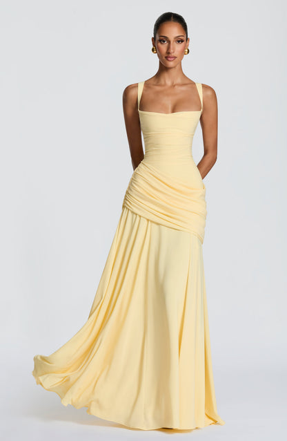 Halter Draped Detail Corset A Line Maxi Dress Yellow HV2962