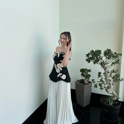 Strapless Floral Peplum Pleated Midi Dress Black White HV2612