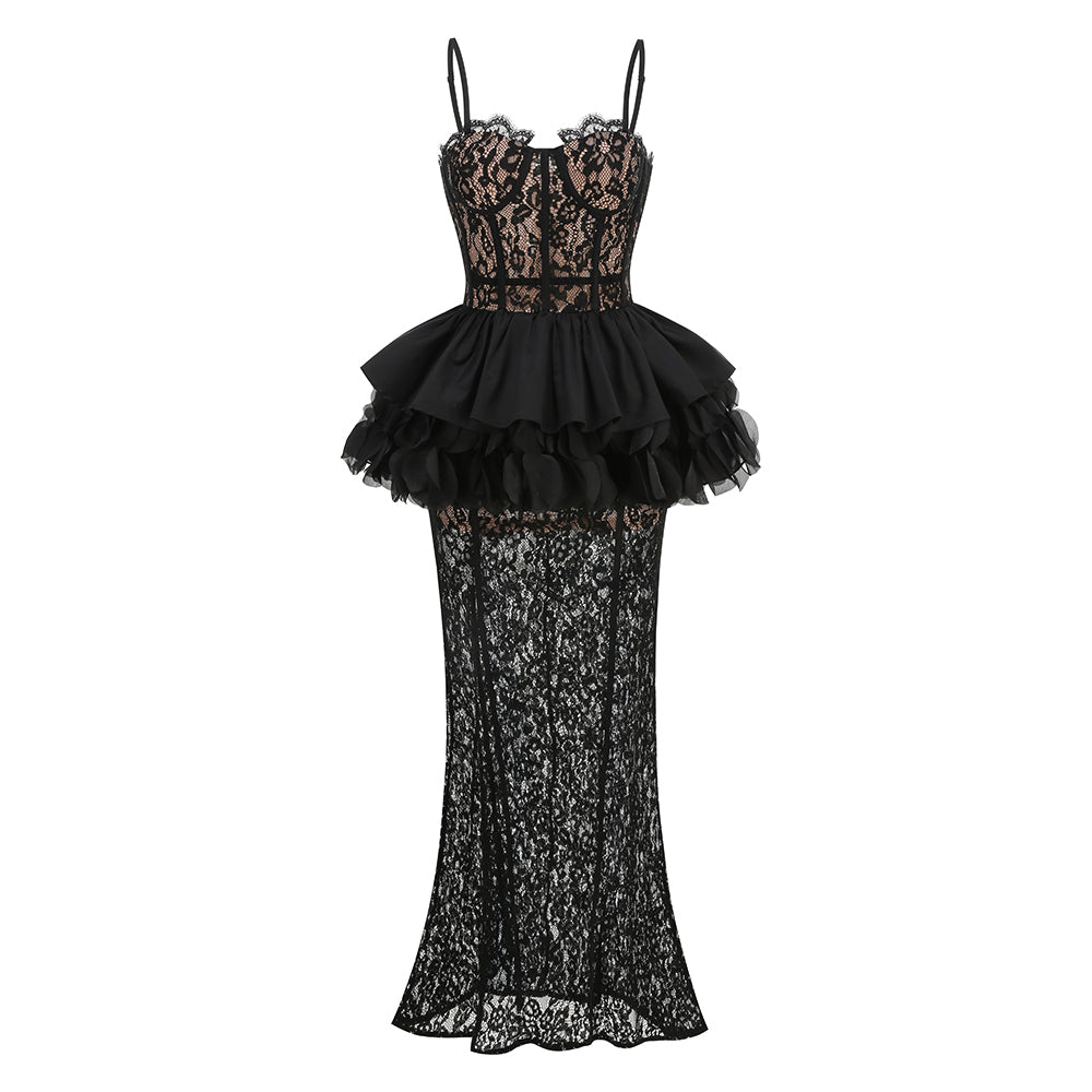 Lace Peplum Maxi Dress Black HV3202