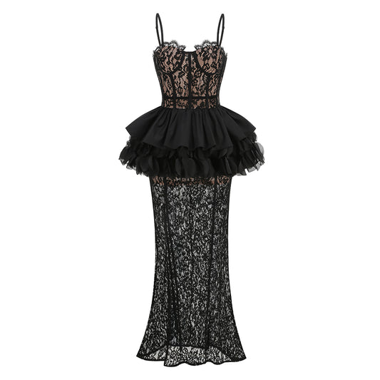 Lace Peplum Maxi Dress Black HV3202