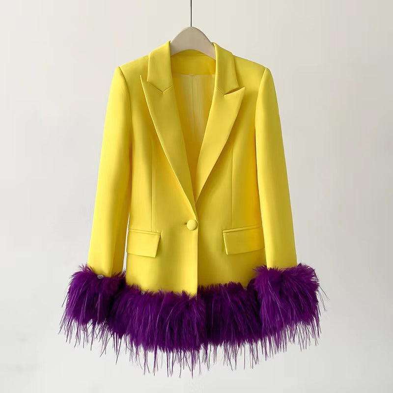 Long Sleeve Feather Detail Blazer Yellow Purple