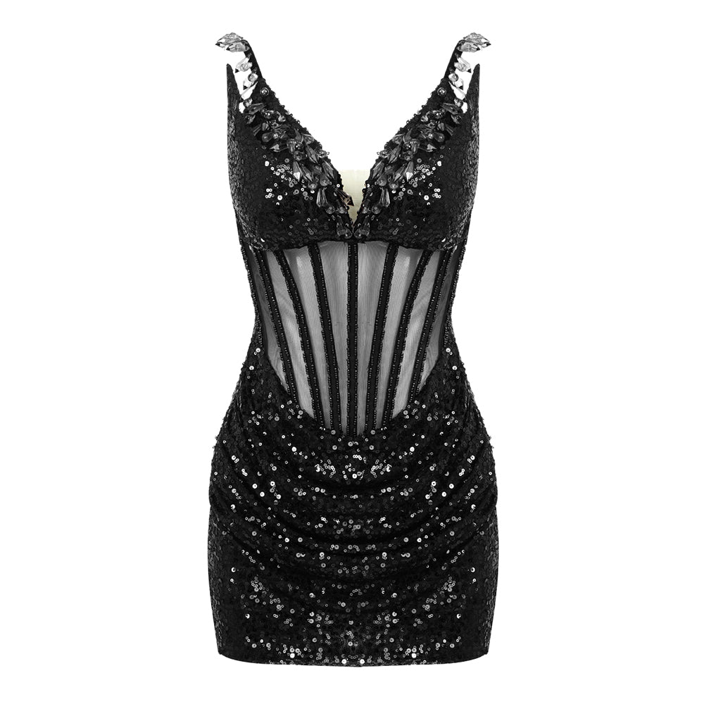 Crystal Sequin Bustier Draped Dress Black HV9568