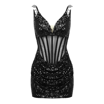 Crystal Sequin Bustier Draped Dress Black HV9568