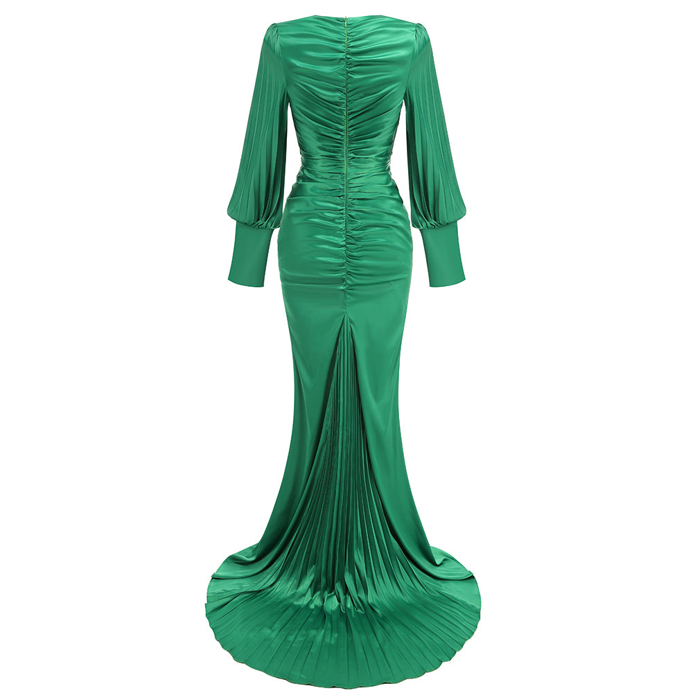 Long Sleeve Pleated Detail Maxi Dress Green HV1548