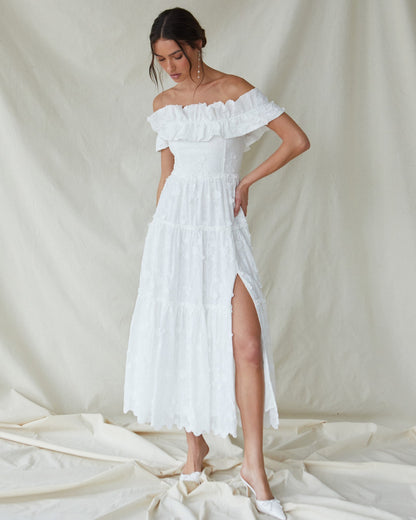 Ruffle Bardot A Line Midi Broderie Anglaise Dress White HV1407