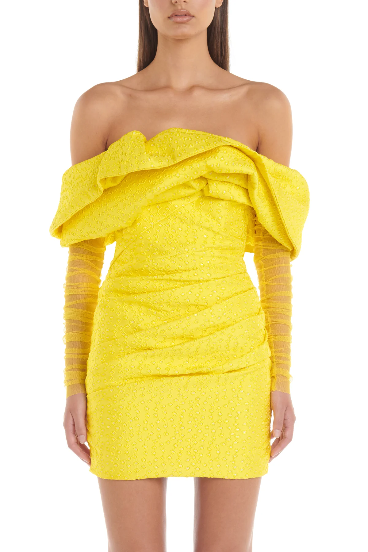 Long Sleeve Draped Off Shoulder Sparkly Dress Yellow HV9878