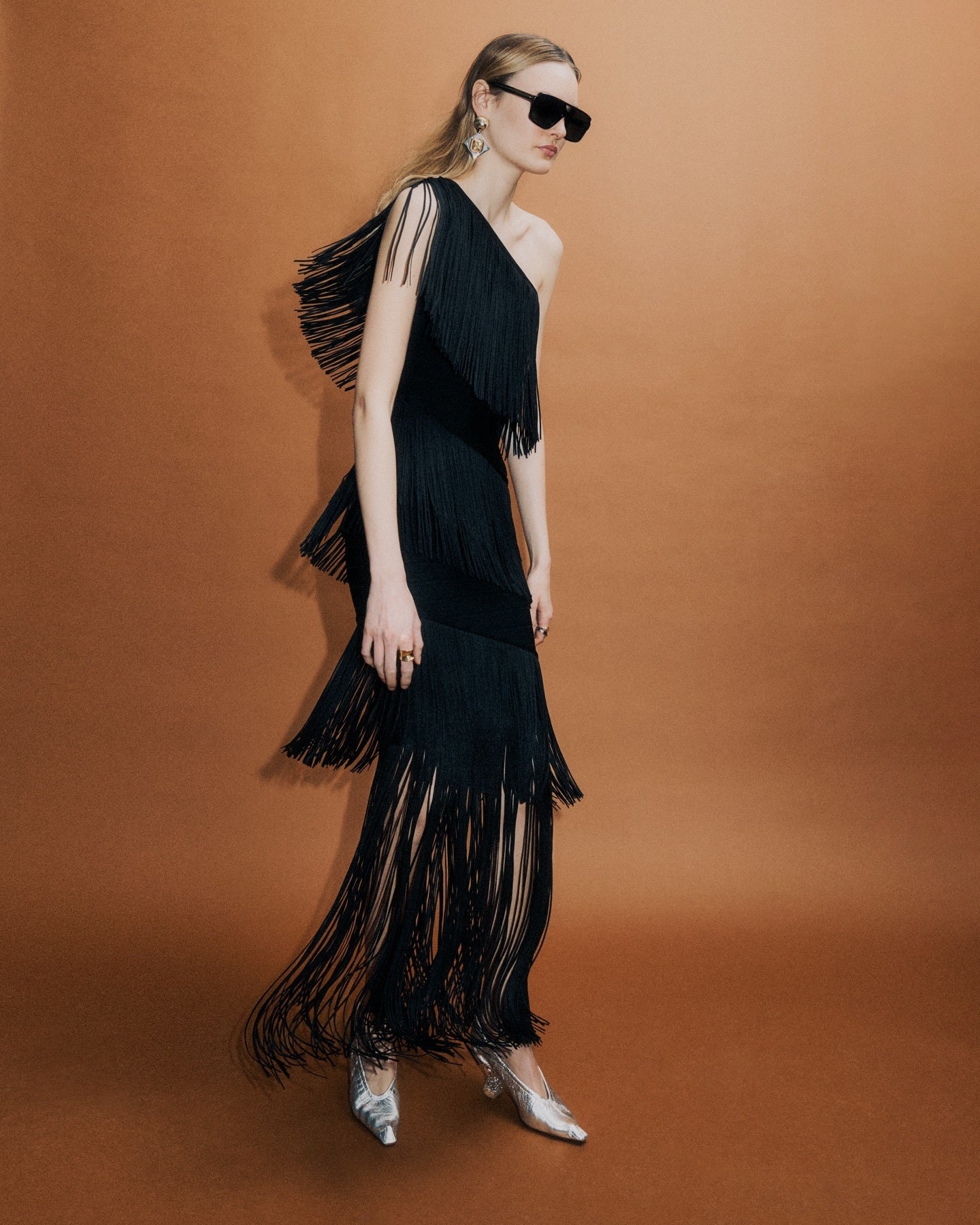 One Shoulder Tassel Maxi Dress Black HV2167
