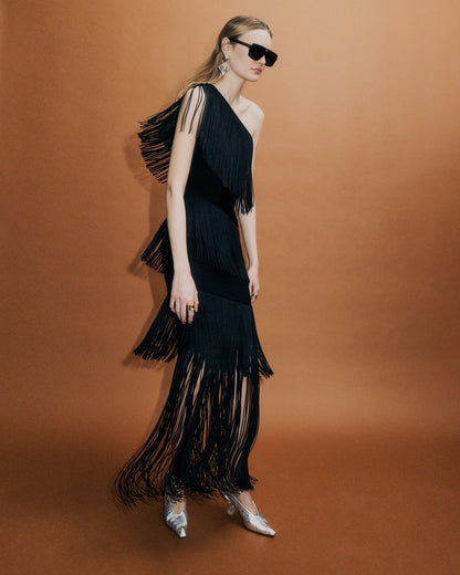 One Shoulder Tassel Maxi Dress Black HV2167