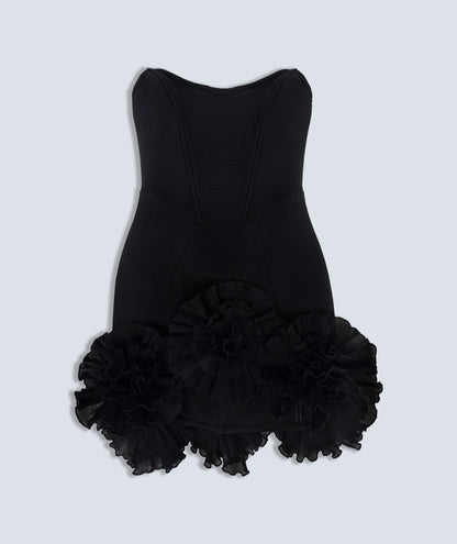 Strapless Floral Ruffle Dress Black