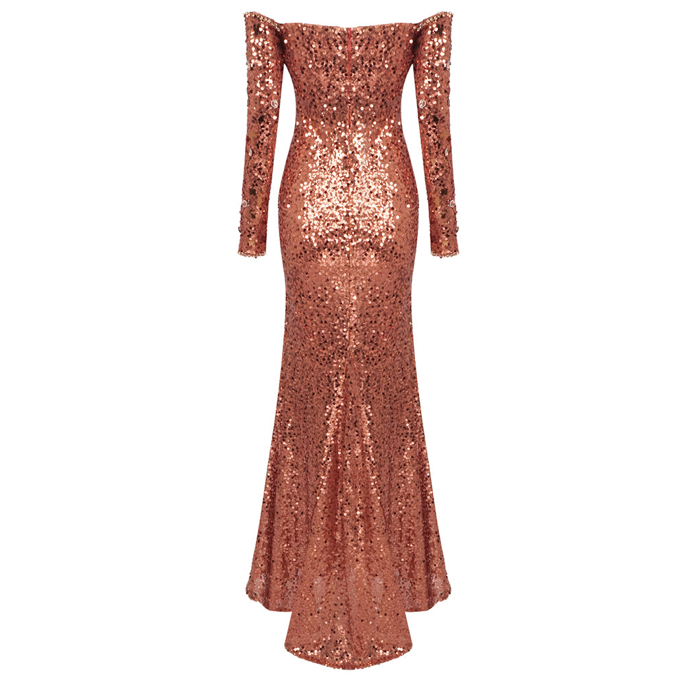 Long Sleeve Bardot Sequin Crystal Maxi Dress Rust HV1724