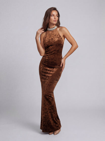 Halter Pearl Embellished Maxi Velvet Dress Brown HV2916