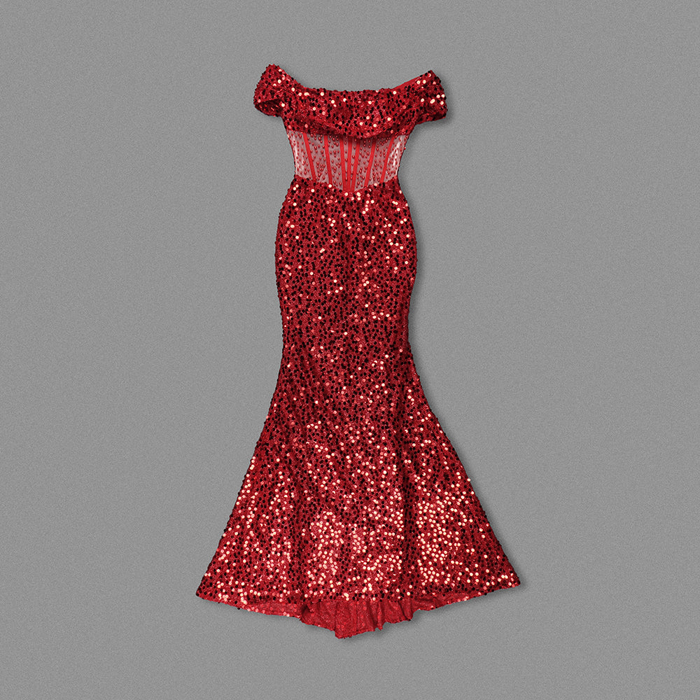 Bardot Draped Corset Sequin Maxi Dress Red HV1657