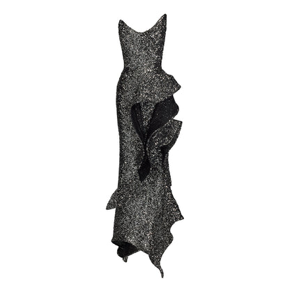 Strapless Sequin Ruffle Maxi Dress Silver HV2234