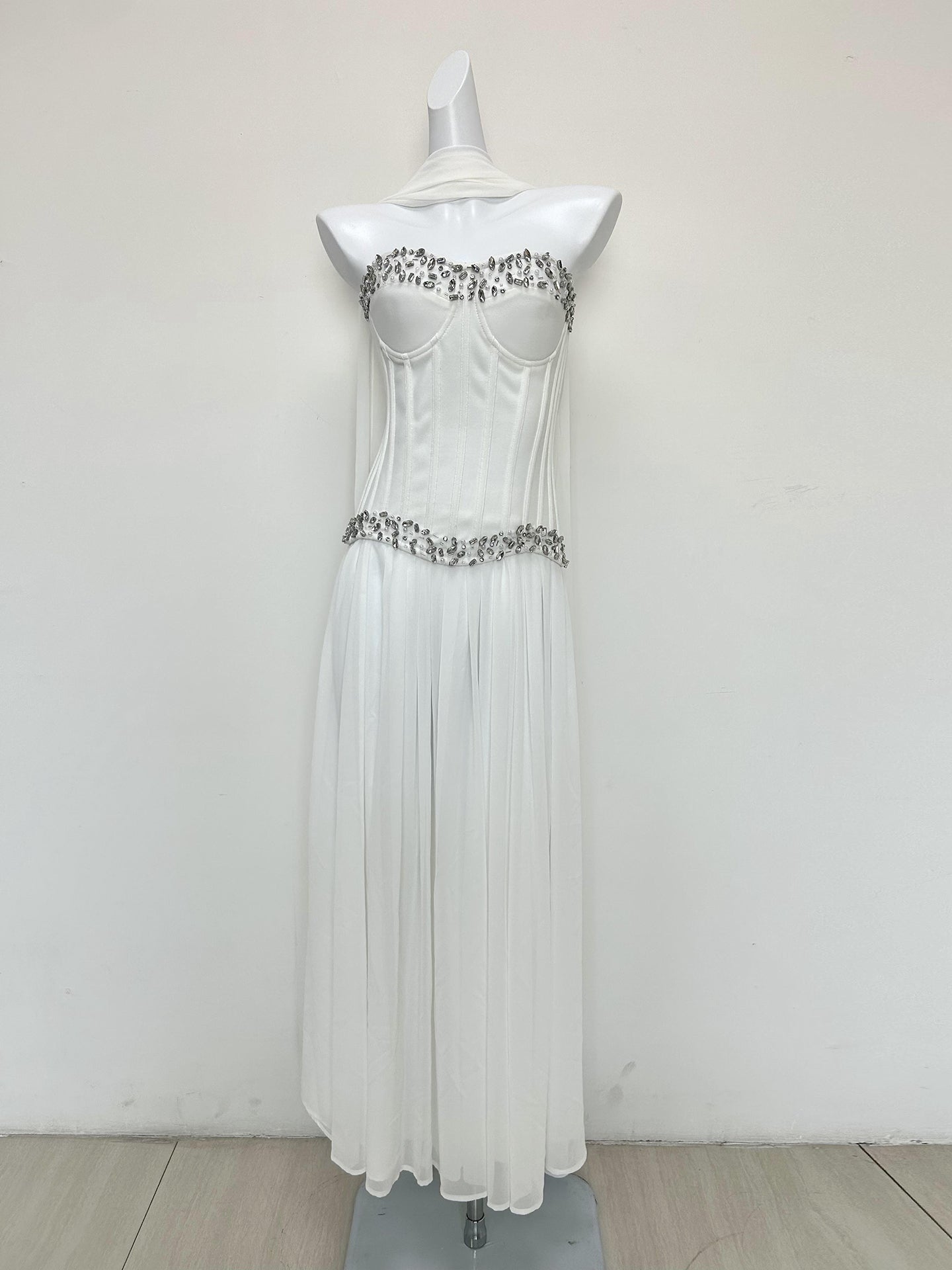 Strapless Embellished Bustier A Line Maxi Dress White HV3181