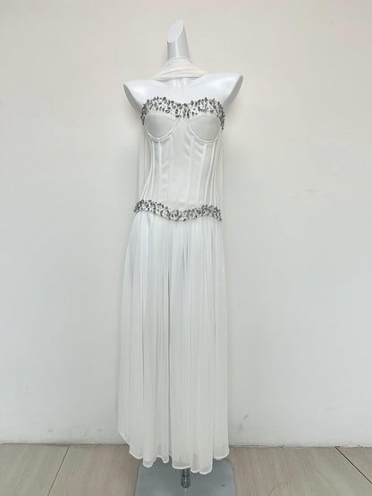 Strapless Embellished Bustier A Line Maxi Dress White HV3181