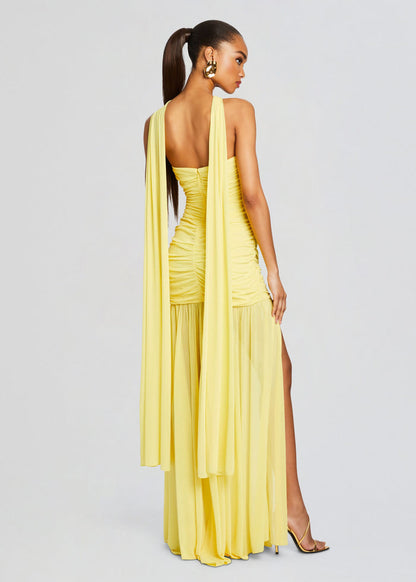 Halter Bustier Ruched Maxi Dress Yellow HV1648