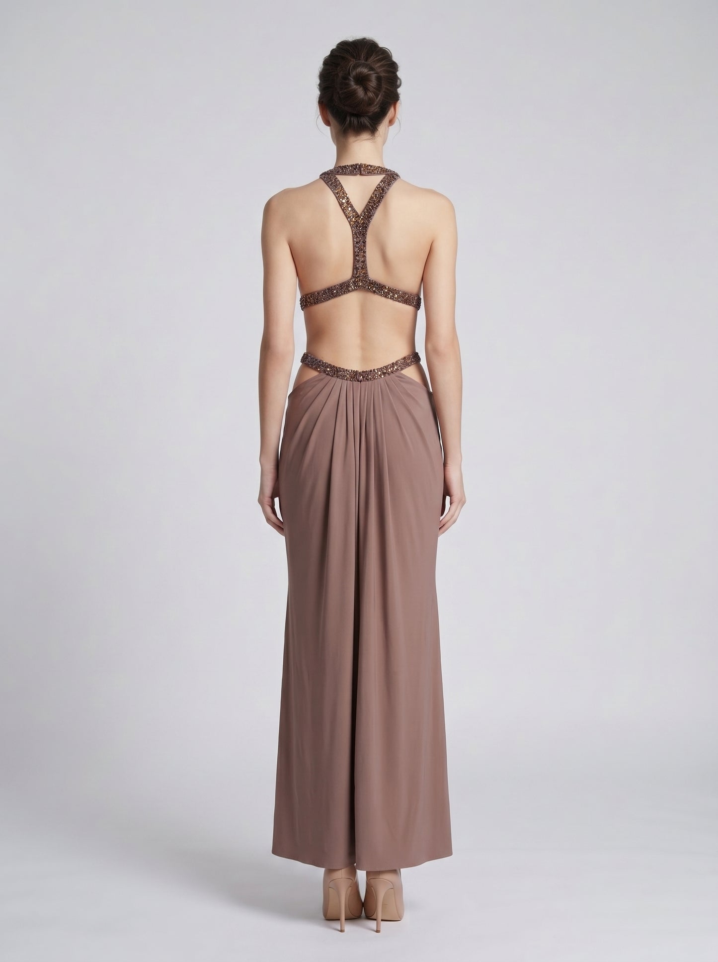 Halter Draped Cut Out Maxi Dress Brown HV3085