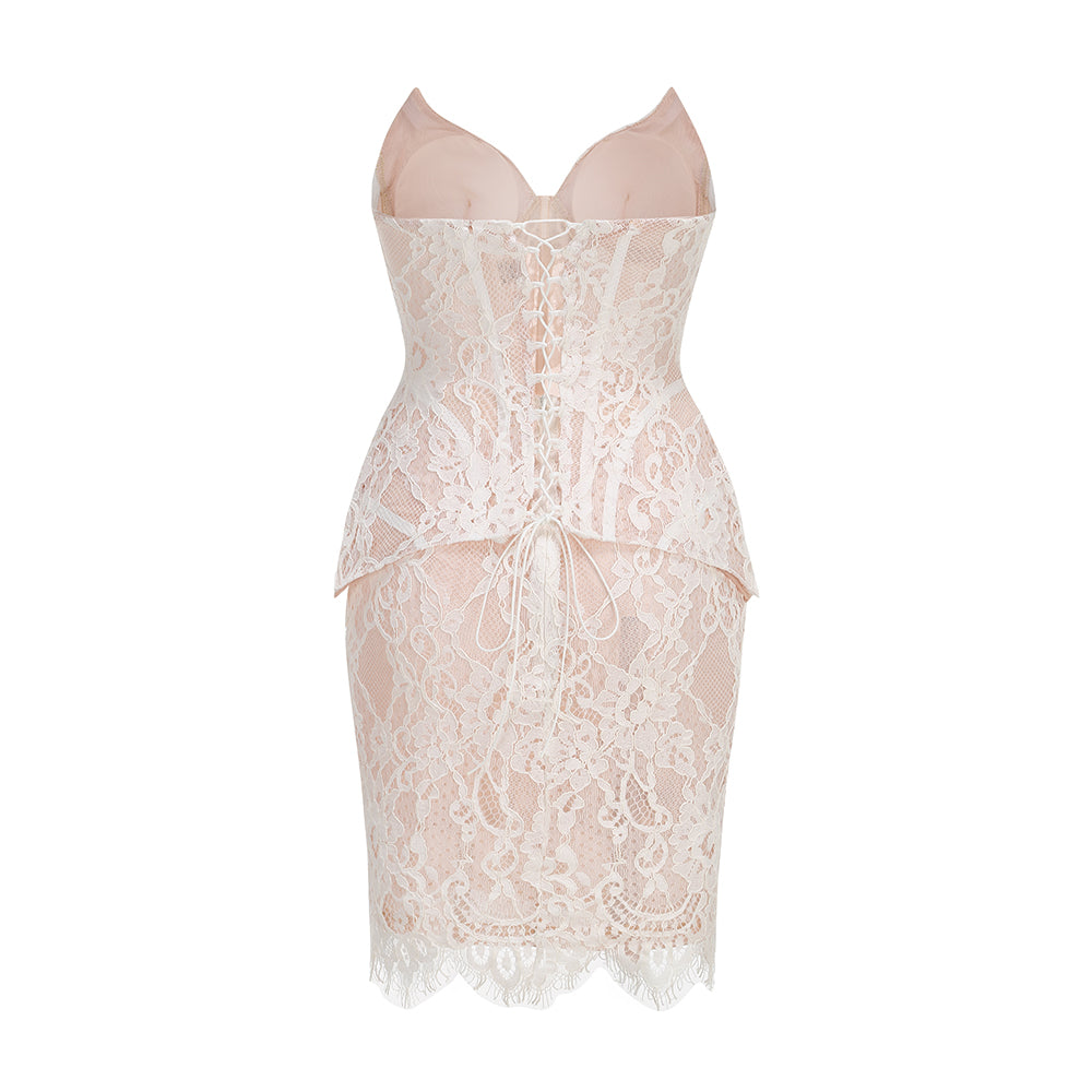 Strapless Lace Corset Two Piece Dress White HV3218