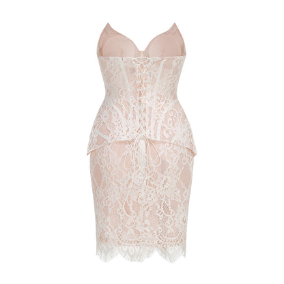 Strapless Lace Corset Two Piece Dress White HV3218