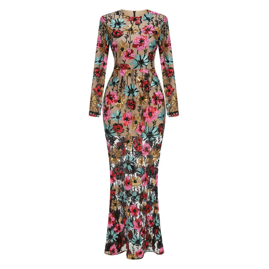 Long Sleeve Floral Embroidered Maxi Dress Black HV2884