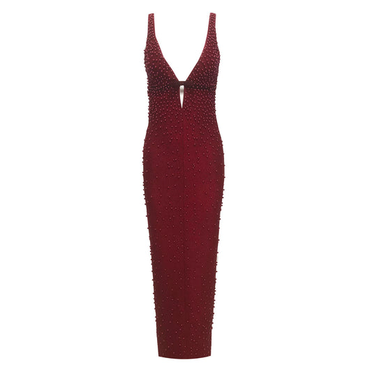 Embellished Plunge V Neck Maxi Dress Burgundy HV2788