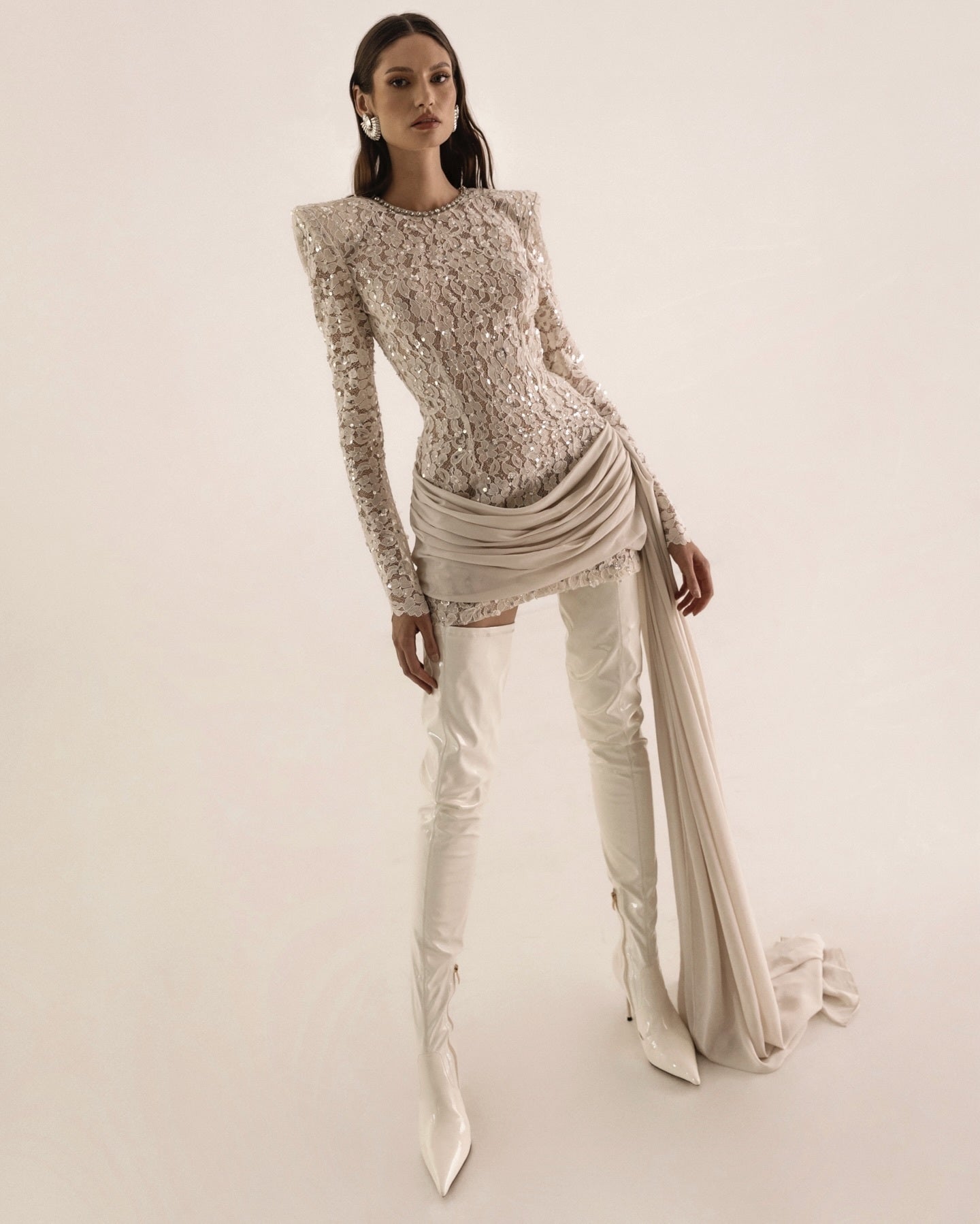 Long Sleeve Draped Sequin Lace Dress White HV0002