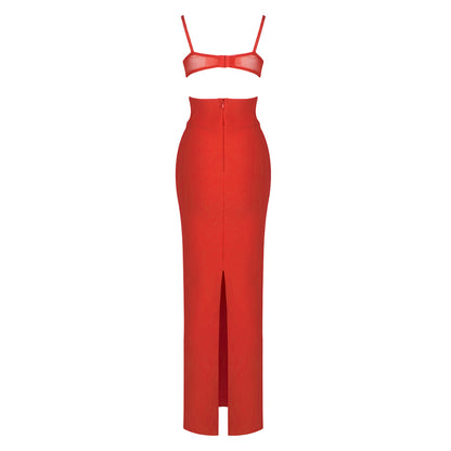 Bustier Draped Mesh Insert Maxi Dress Red HV2094