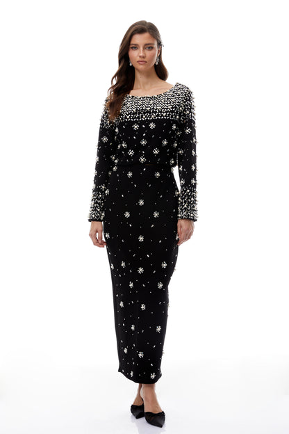 Long Sleeve Crystal Embellished Two Piece Maxi Dress HV3098