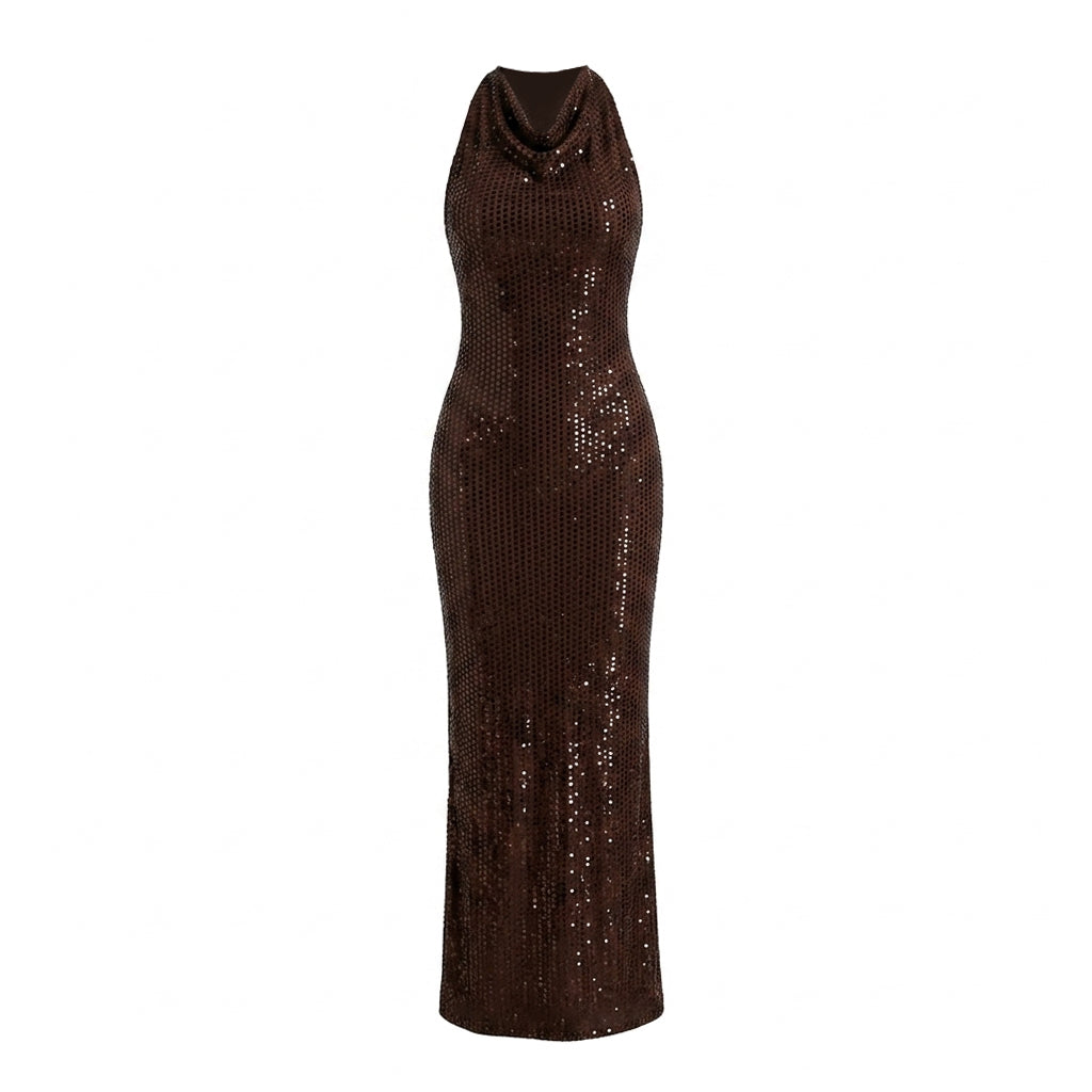 Draped Neckline Sparkly Maxi Dress Brown HV3105