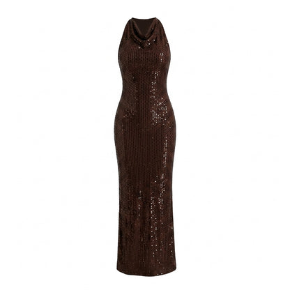 Draped Neckline Sparkly Maxi Dress Brown HV3105