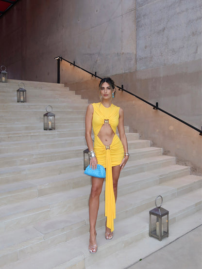 Draped Cut Out Detail Dress Yellow HV3073