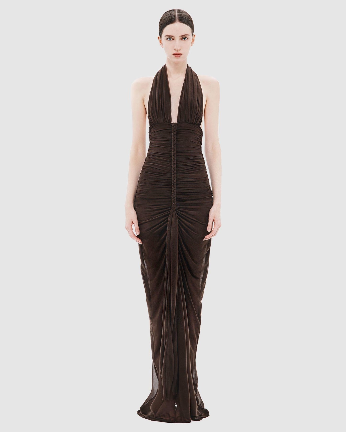Halter Braid Detail Ruched Maxi Dress Brown HV0083