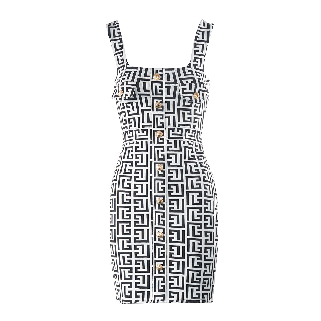 Geometric Print Dress Black White