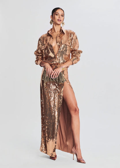 Long Sleeve Sequin Two Piece Midi Dress Gold HV9789