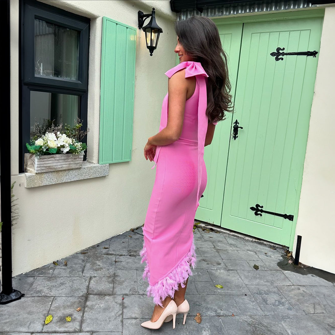 One Shoulder Feather Midi Dress Pink HV1563