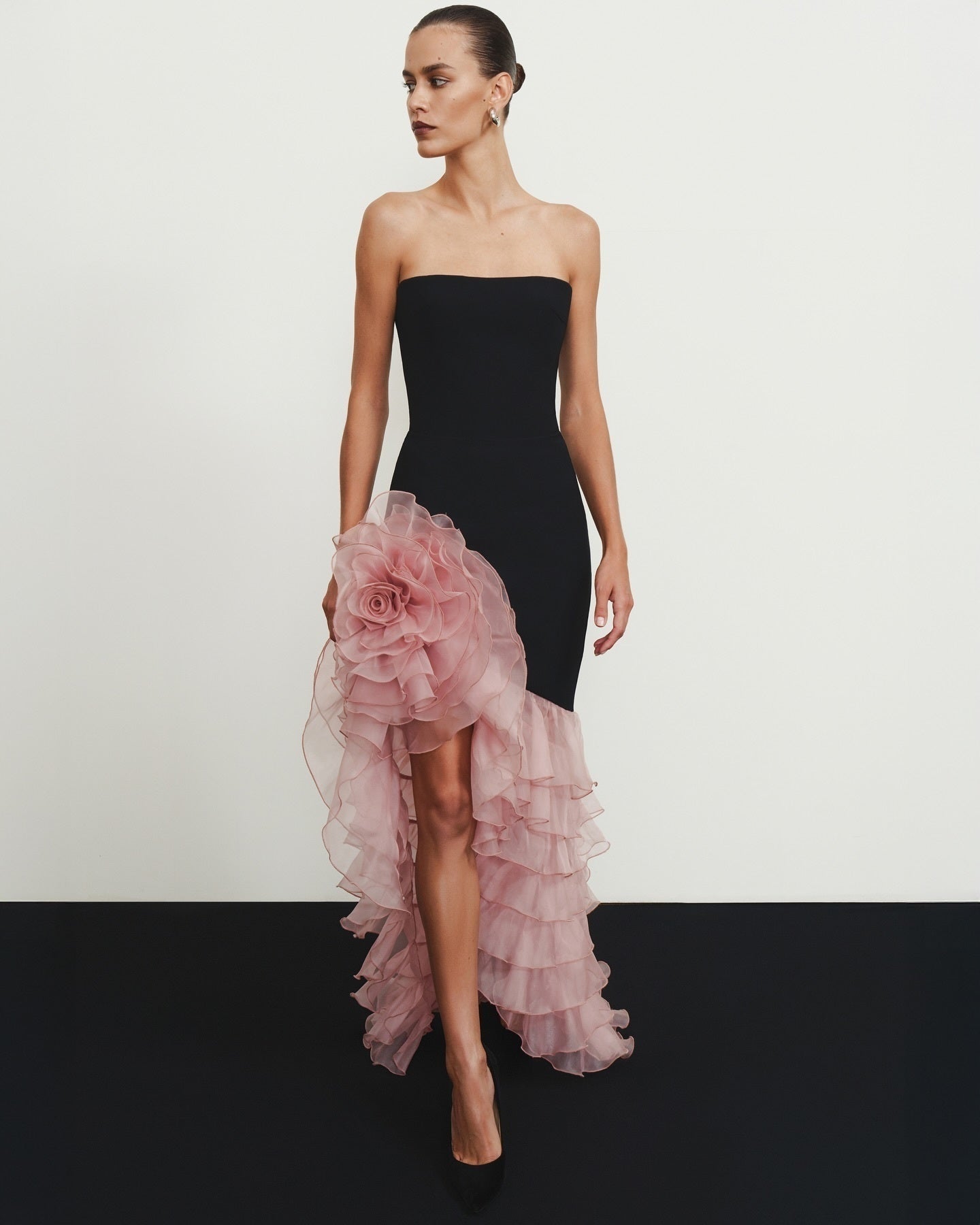 Strapless Floral Ruffle Maxi Dress Black Pink HV2811