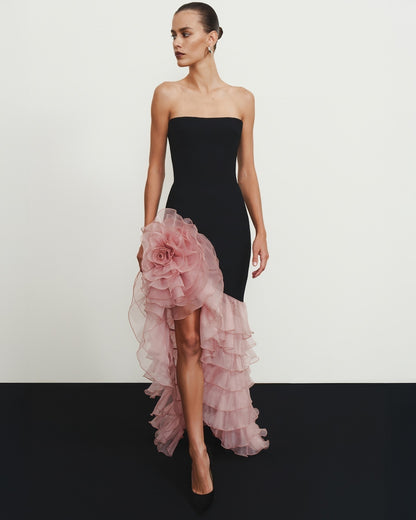 Strapless Floral Ruffle Maxi Dress Black Pink HV2811
