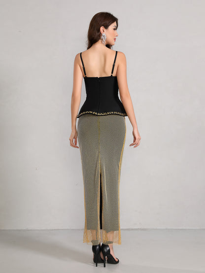 Crystal Peplum Maxi Dress Black Silver HV2669