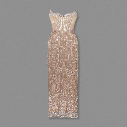 Strapless Crystal Corset Sequin Maxi Dress Gold HV1959