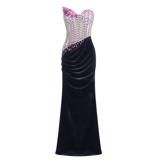 Strapless Crystal Corset Maxi Velvet Dress Hot Pink Black HV2064