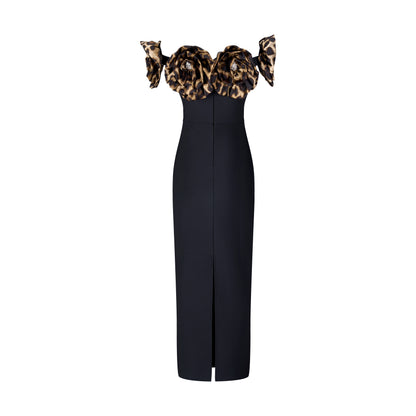 Animal Print Floral Bardot Maxi Dress Black HV2187