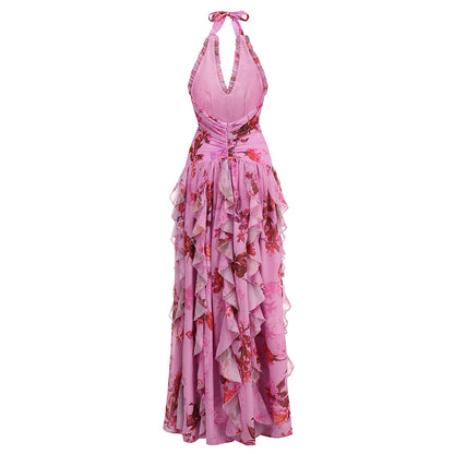 Halter Floral Ruffle Maxi Dress Pink HV2137