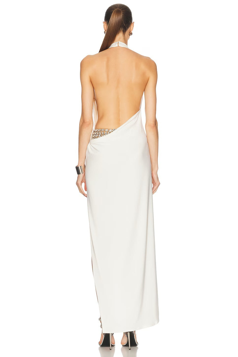 Halter Crystal Detail Backless Maxi Dress White HV2655