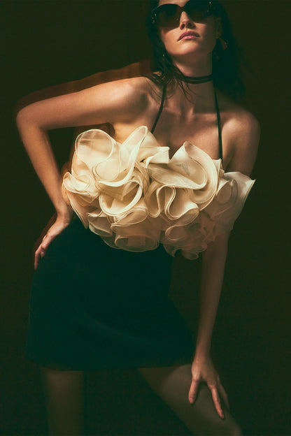 Halter Ruffle Dress Black Ivory HV2734