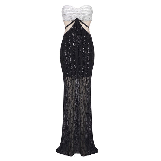 Strapless Pearl Sequin Maxi Dress Black White HV1350