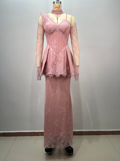 One Shoulder Lace Peplum Maxi Dress Pink HV2773