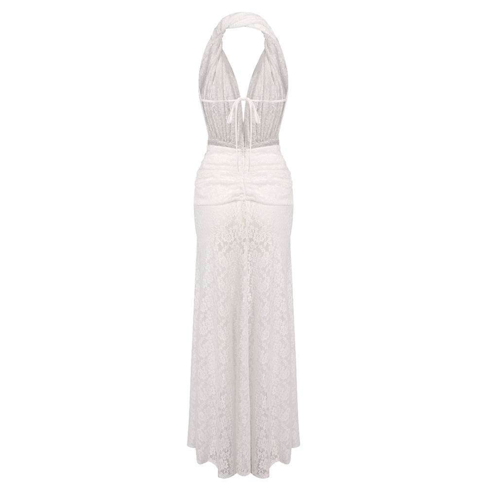 Halter Draped Crochet Maxi Dress White HV0096