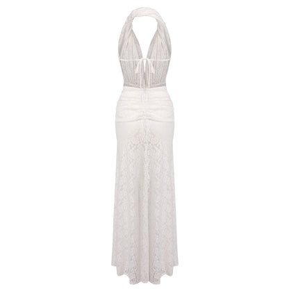 Halter Draped Crochet Maxi Dress White HV0096