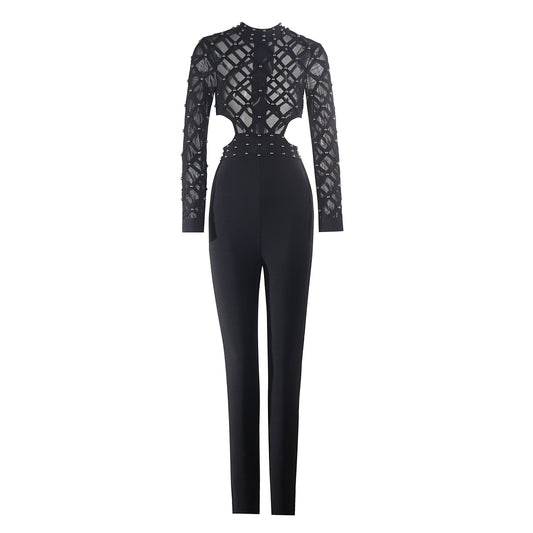 Long Sleeve Studded Mesh Jumpsuit Black