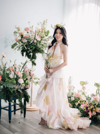 Halter Floral Ruffle Maxi Dress Pink Yellow HV3140